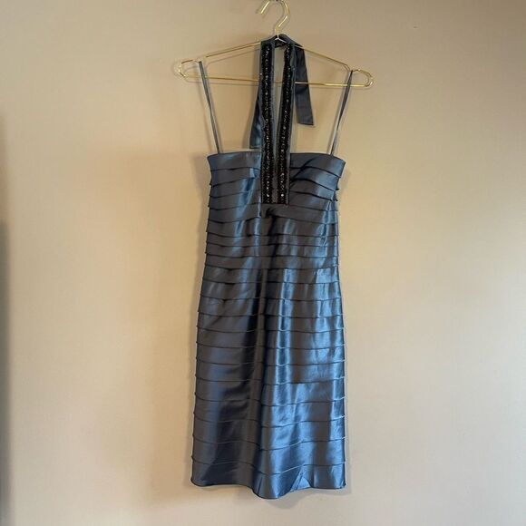 BCBGMaxAzria Blue Grey Woven Embellished Halter Dress | SZ 4 - Picture 7 of 16